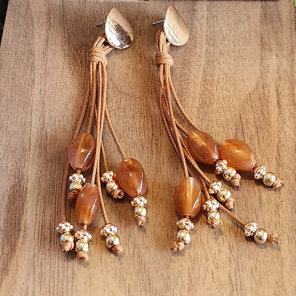 Bohemian Amber Resin Beaded Multi Strand Cord Gold Tone Drop Tassel Earrings‎